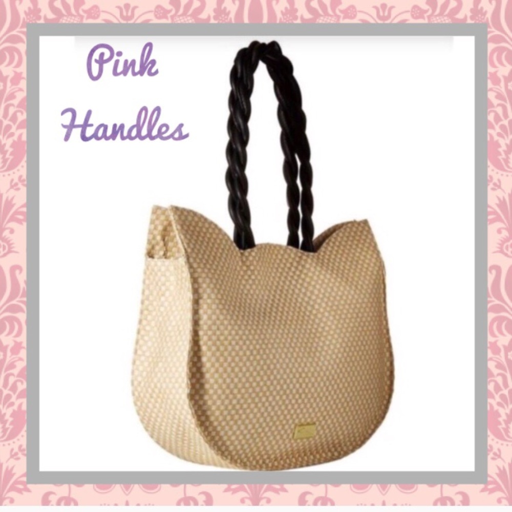 Betsey Johnson Pink Cat Woven Straw Litch Tote - Picture 5 of 8